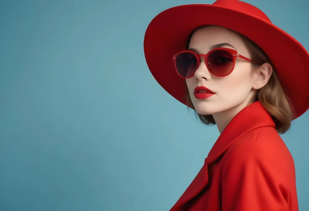 A Young Woman With Fair Skin And Light Brown Hair Approximately 25 Years Old Wearing A Red Hat And Red Sunglasses She Has Red Lipstick And Is Dressed In A Red Coat The Background Is A Solid Light Blue Color 103 9c94