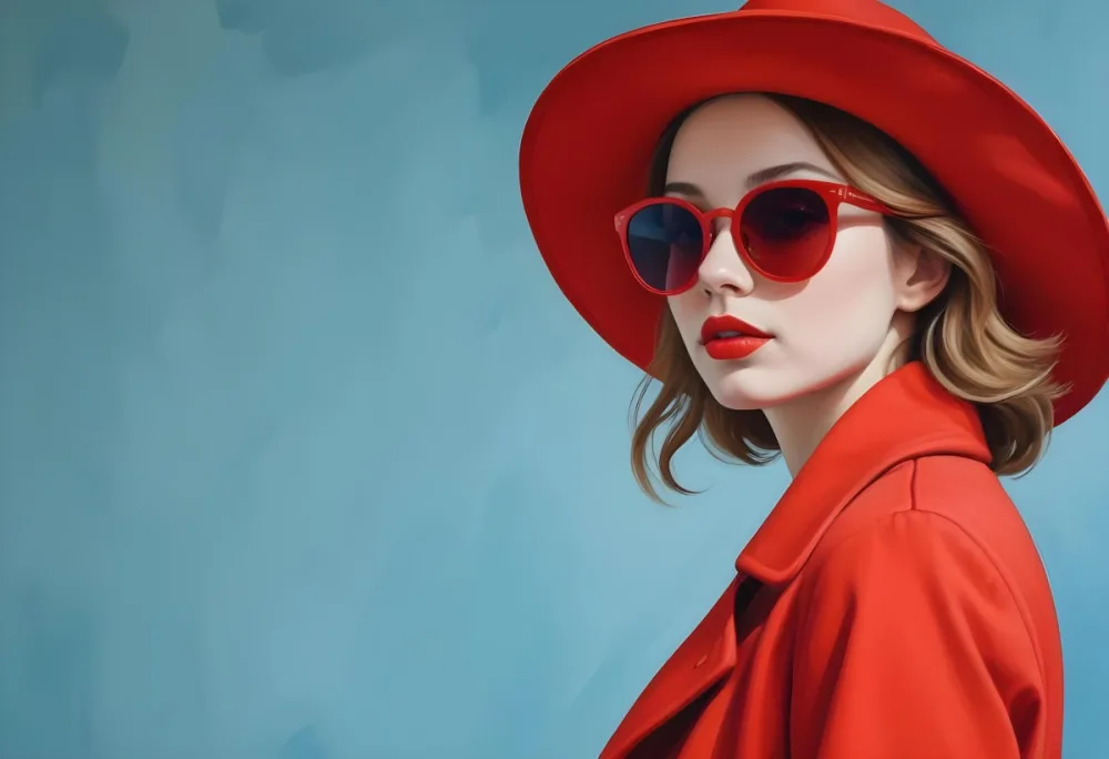 A Young Woman With Fair Skin And Light Brown Hair Approximately 25 Years Old Wearing A Red Hat And Red Sunglasses She Has Red Lipstick And Is Dressed In A Red Coat The Background Is A Solid Light Blue Color 11 0bdf