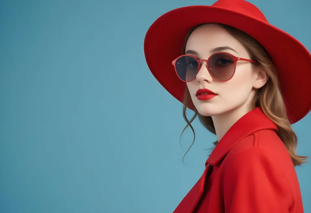 A Young Woman With Fair Skin And Light Brown Hair Approximately 25 Years Old Wearing A Red Hat And Red Sunglasses She Has Red Lipstick And Is Dressed In A Red Coat The Background Is A Solid Light Blue Color 119 F278