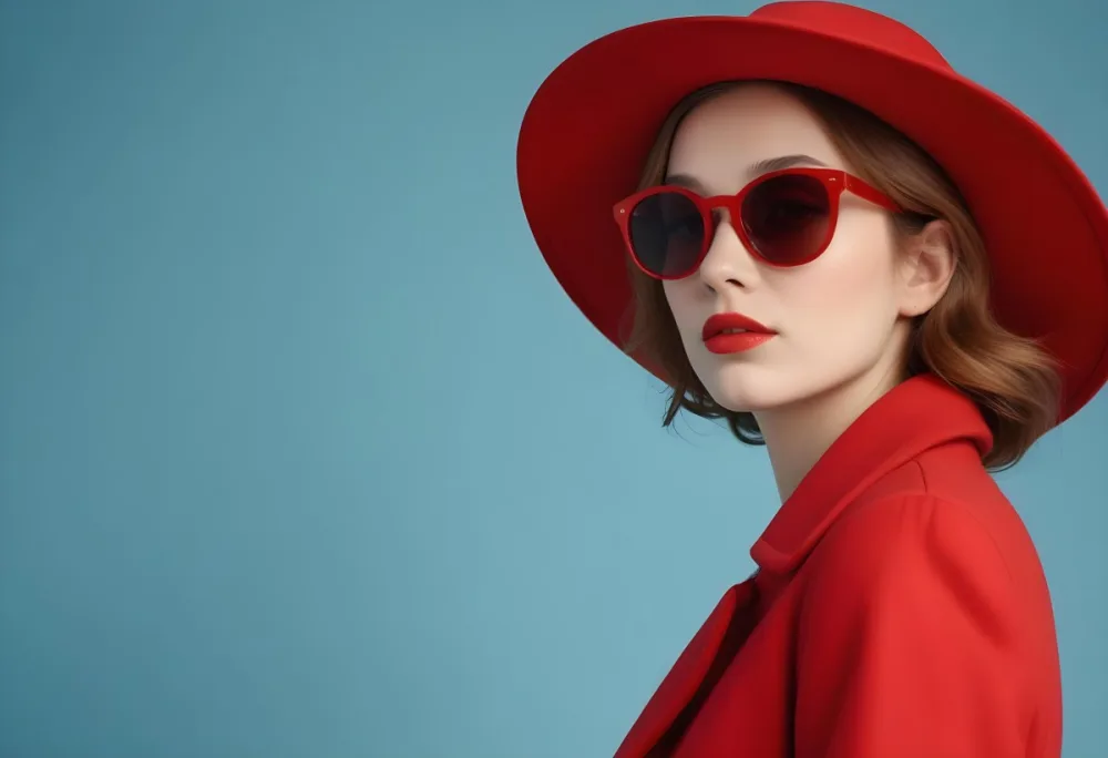 A Young Woman With Fair Skin And Light Brown Hair Approximately 25 Years Old Wearing A Red Hat And Red Sunglasses She Has Red Lipstick And Is Dressed In A Red Coat The Background Is A Solid Light Blue Color 120 5aae