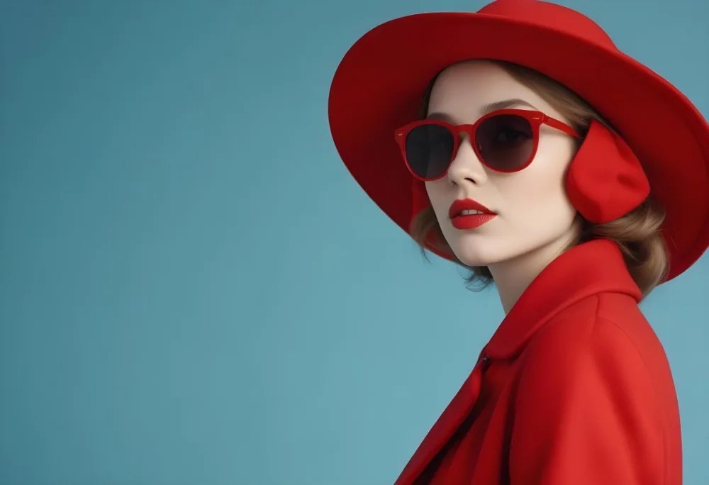 A Young Woman With Fair Skin And Light Brown Hair Approximately 25 Years Old Wearing A Red Hat And Red Sunglasses She Has Red Lipstick And Is Dressed In A Red Coat The Background Is A Solid Light Blue Color 126 Dd26