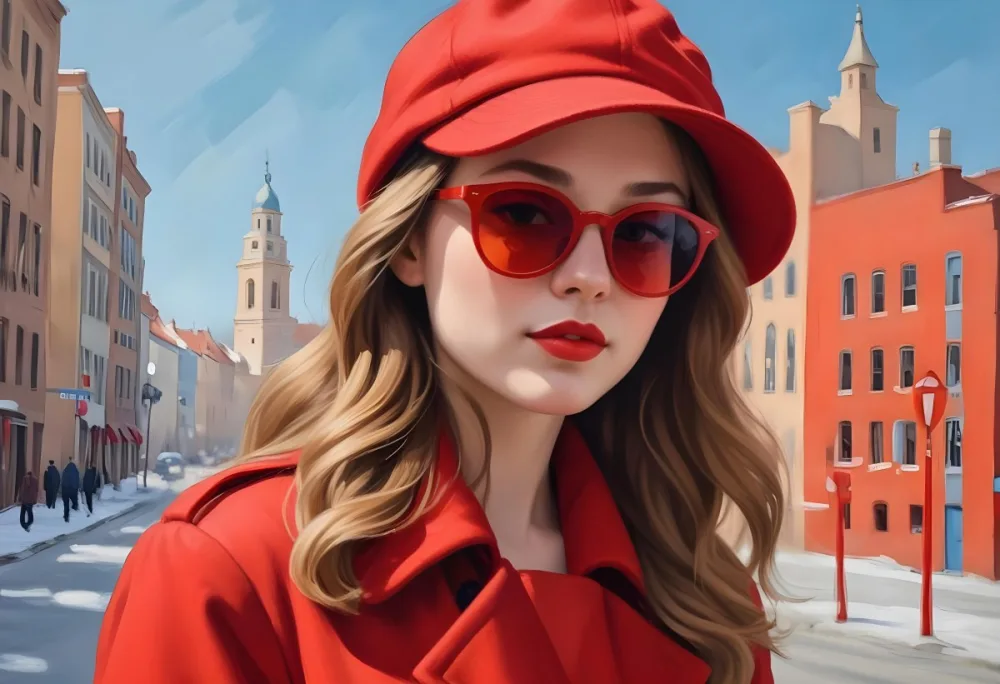 A Young Woman With Fair Skin And Light Brown Hair Approximately 25 Years Old Wearing A Red Hat And Red Sunglasses She Has Red Lipstick And Is Dressed In A Red Coat The Background Is A Solid Light Blue Color 13 F528