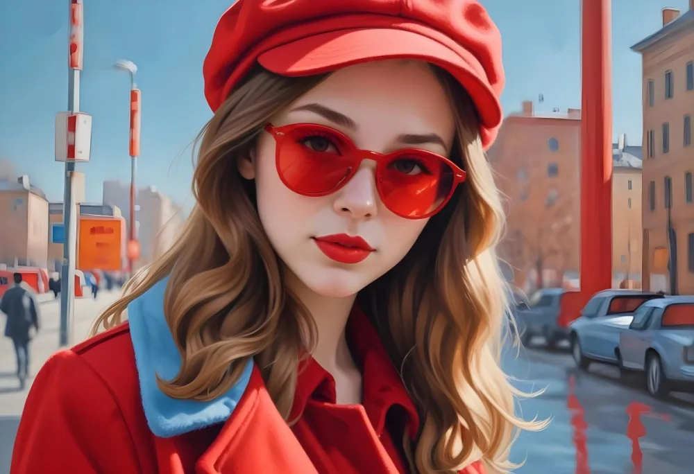 A Young Woman With Fair Skin And Light Brown Hair Approximately 25 Years Old Wearing A Red Hat And Red Sunglasses She Has Red Lipstick And Is Dressed In A Red Coat The Background Is A Solid Light Blue Color 17 26b4