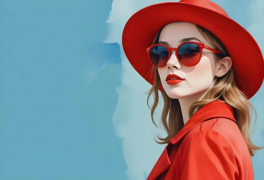 A Young Woman With Fair Skin And Light Brown Hair Approximately 25 Years Old Wearing A Red Hat And Red Sunglasses She Has Red Lipstick And Is Dressed In A Red Coat The Background Is A Solid Light Blue Color 25 208a