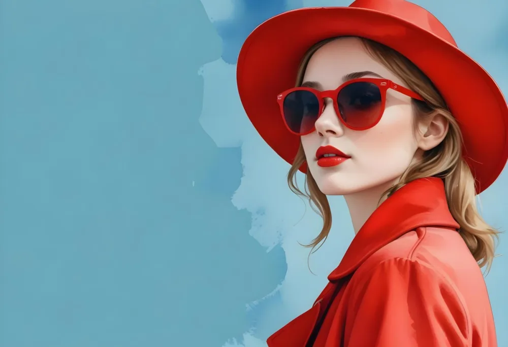 A Young Woman With Fair Skin And Light Brown Hair Approximately 25 Years Old Wearing A Red Hat And Red Sunglasses She Has Red Lipstick And Is Dressed In A Red Coat The Background Is A Solid Light Blue Color 26 854a