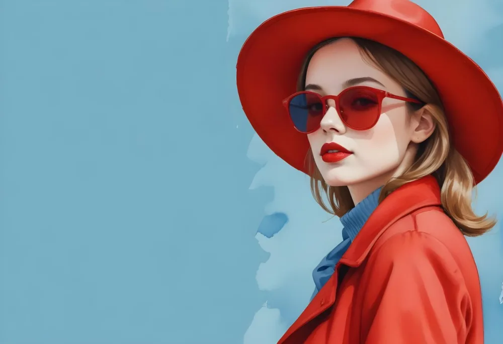 A Young Woman With Fair Skin And Light Brown Hair Approximately 25 Years Old Wearing A Red Hat And Red Sunglasses She Has Red Lipstick And Is Dressed In A Red Coat The Background Is A Solid Light Blue Color 27 678a