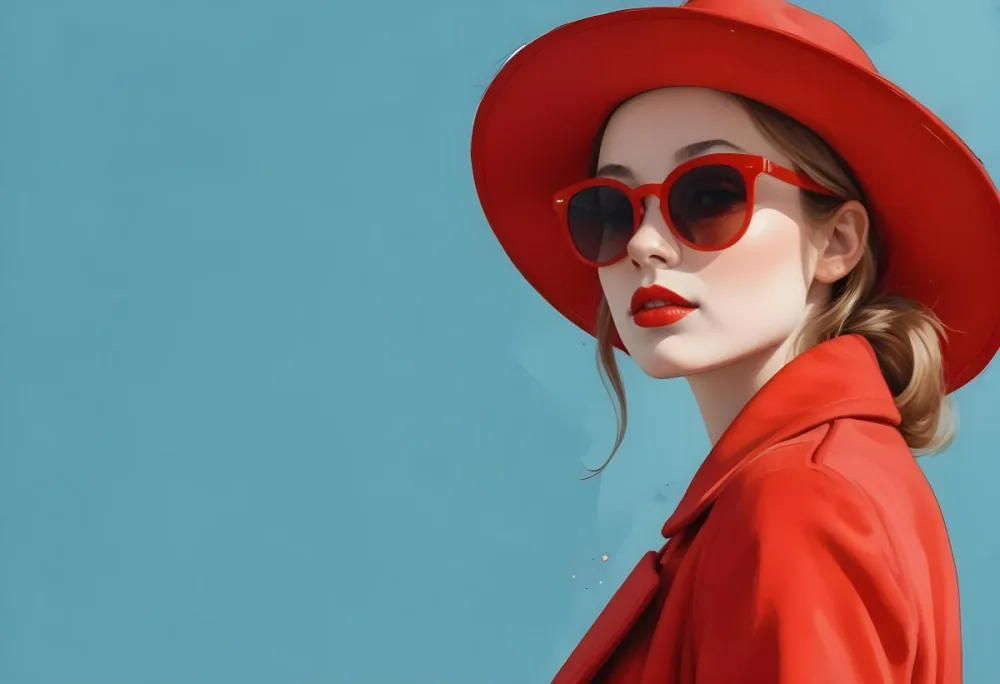 A Young Woman With Fair Skin And Light Brown Hair Approximately 25 Years Old Wearing A Red Hat And Red Sunglasses She Has Red Lipstick And Is Dressed In A Red Coat The Background Is A Solid Light Blue Color 32 Bc7b