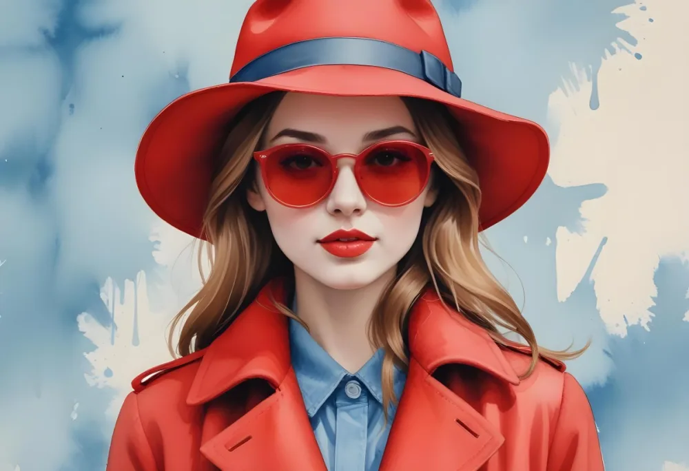 A Young Woman With Fair Skin And Light Brown Hair Approximately 25 Years Old Wearing A Red Hat And Red Sunglasses She Has Red Lipstick And Is Dressed In A Red Coat The Background Is A Solid Light Blue Color 33 B261