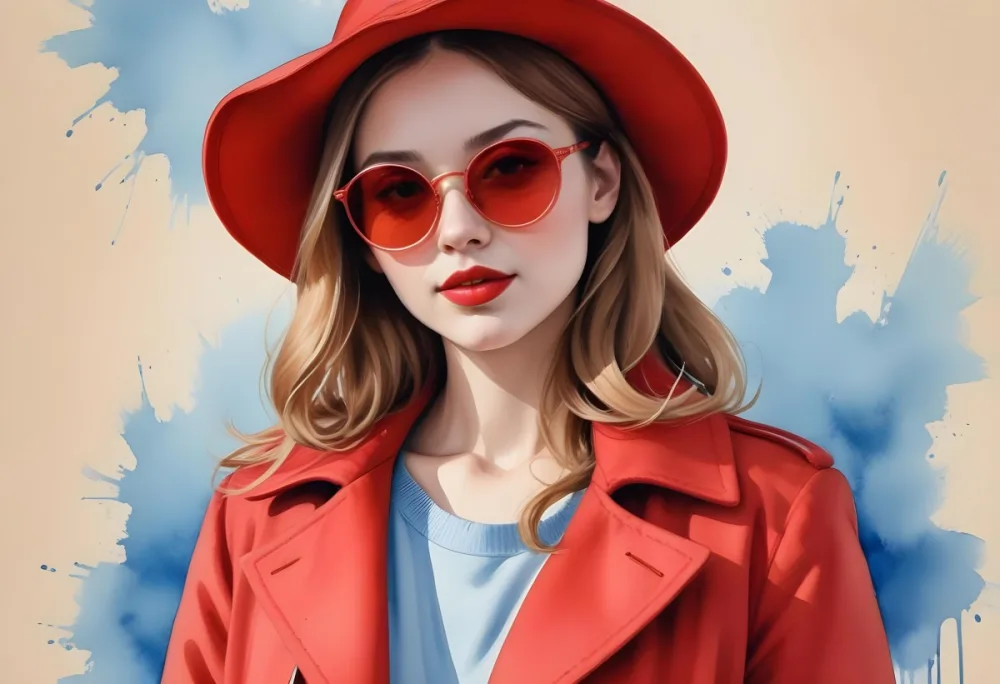 A Young Woman With Fair Skin And Light Brown Hair Approximately 25 Years Old Wearing A Red Hat And Red Sunglasses She Has Red Lipstick And Is Dressed In A Red Coat The Background Is A Solid Light Blue Color 36 Ca40