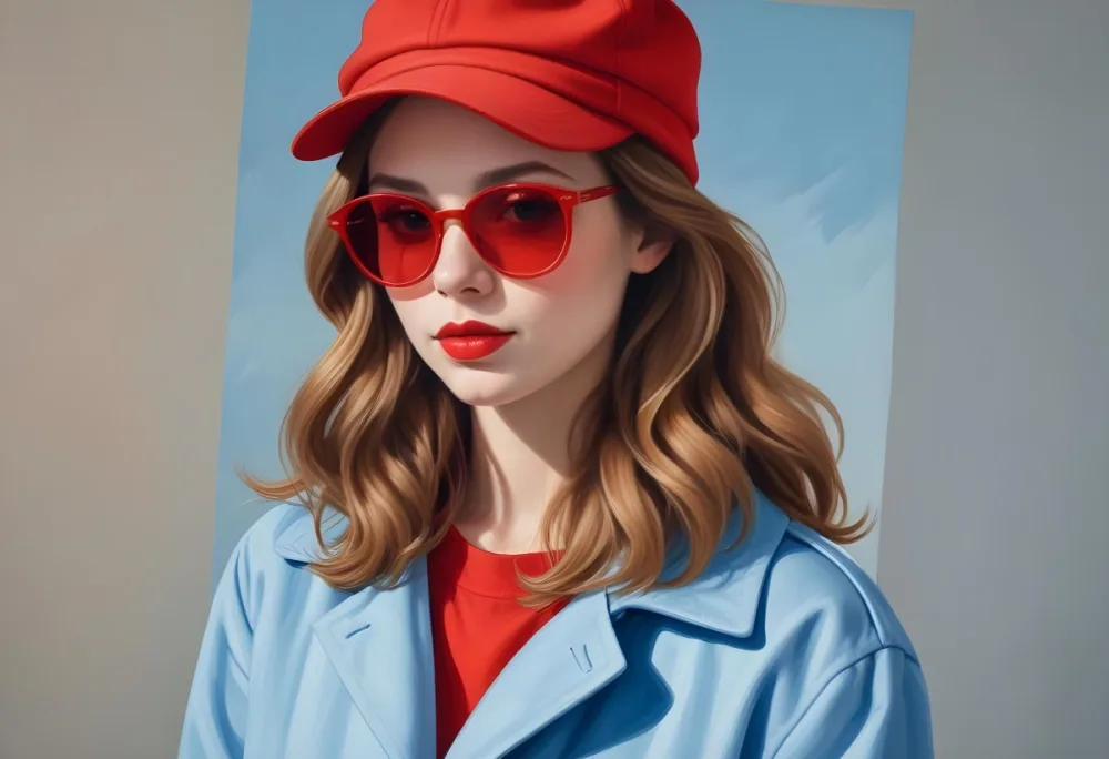 A Young Woman With Fair Skin And Light Brown Hair Approximately 25 Years Old Wearing A Red Hat And Red Sunglasses She Has Red Lipstick And Is Dressed In A Red Coat The Background Is A Solid Light Blue Color 4 Deb7