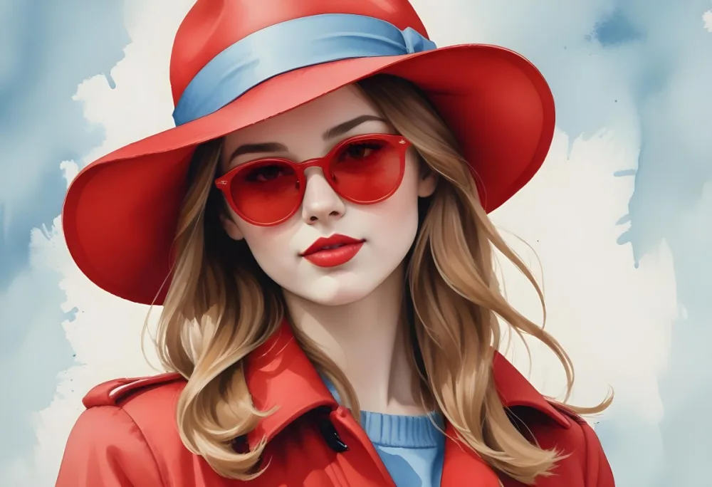A Young Woman With Fair Skin And Light Brown Hair Approximately 25 Years Old Wearing A Red Hat And Red Sunglasses She Has Red Lipstick And Is Dressed In A Red Coat The Background Is A Solid Light Blue Color 42 E157