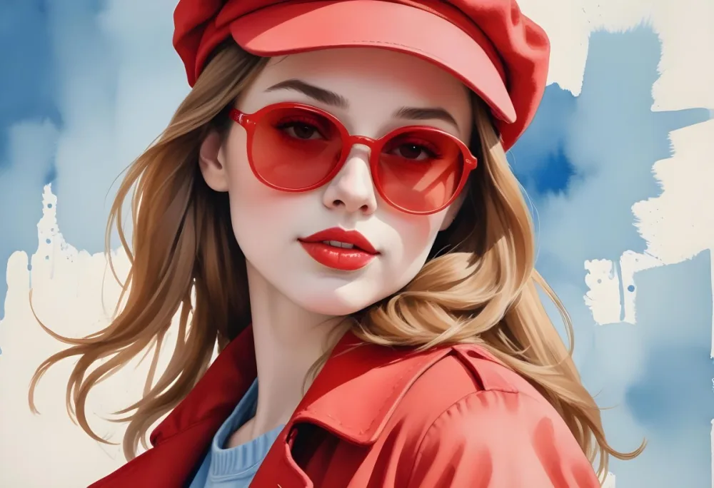 A Young Woman With Fair Skin And Light Brown Hair Approximately 25 Years Old Wearing A Red Hat And Red Sunglasses She Has Red Lipstick And Is Dressed In A Red Coat The Background Is A Solid Light Blue Color 44 9f4c
