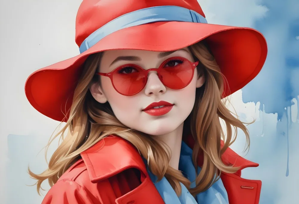A Young Woman With Fair Skin And Light Brown Hair Approximately 25 Years Old Wearing A Red Hat And Red Sunglasses She Has Red Lipstick And Is Dressed In A Red Coat The Background Is A Solid Light Blue Color 47 472a
