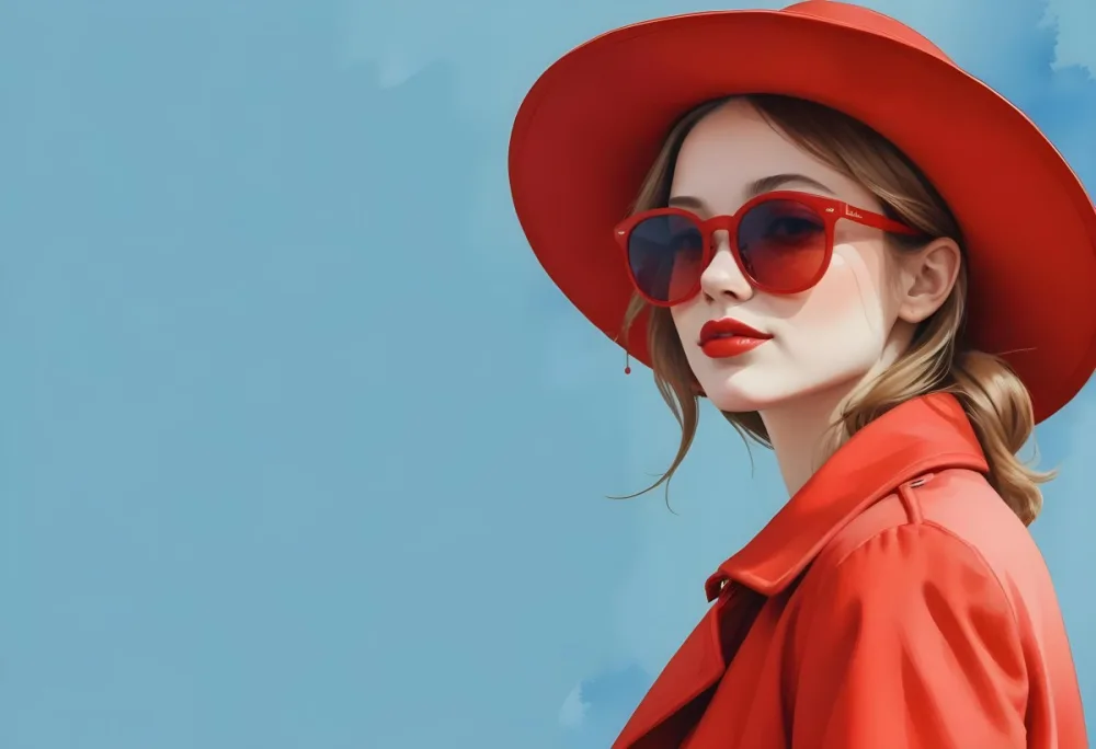 A Young Woman With Fair Skin And Light Brown Hair Approximately 25 Years Old Wearing A Red Hat And Red Sunglasses She Has Red Lipstick And Is Dressed In A Red Coat The Background Is A Solid Light Blue Color 52 A72f