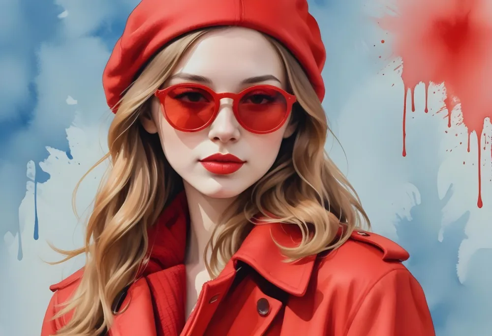 A Young Woman With Fair Skin And Light Brown Hair Approximately 25 Years Old Wearing A Red Hat And Red Sunglasses She Has Red Lipstick And Is Dressed In A Red Coat The Background Is A Solid Light Blue Color 56 Ac6d