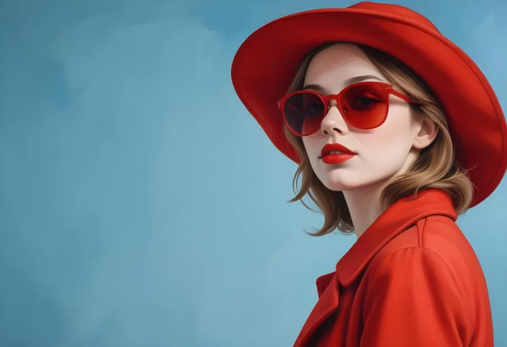 A Young Woman With Fair Skin And Light Brown Hair Approximately 25 Years Old Wearing A Red Hat And Red Sunglasses She Has Red Lipstick And Is Dressed In A Red Coat The Background Is A Solid Light Blue Color 6 Be66