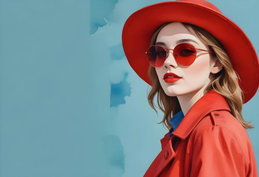 A Young Woman With Fair Skin And Light Brown Hair Approximately 25 Years Old Wearing A Red Hat And Red Sunglasses She Has Red Lipstick And Is Dressed In A Red Coat The Background Is A Solid Light Blue Color 62 74e7