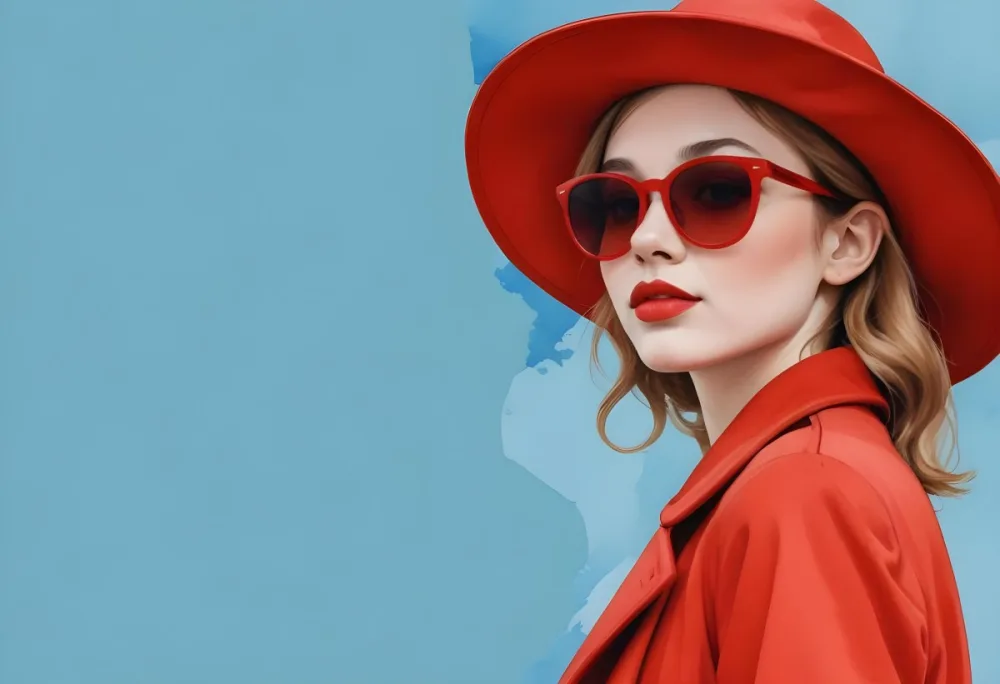 A Young Woman With Fair Skin And Light Brown Hair Approximately 25 Years Old Wearing A Red Hat And Red Sunglasses She Has Red Lipstick And Is Dressed In A Red Coat The Background Is A Solid Light Blue Color 64 2955