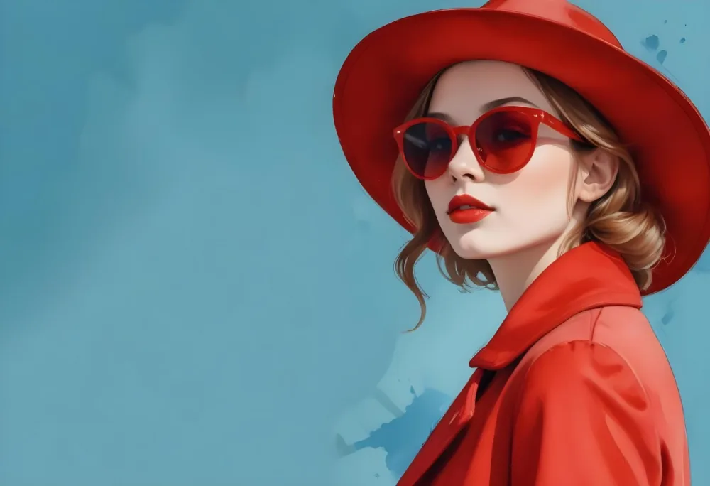 A Young Woman With Fair Skin And Light Brown Hair Approximately 25 Years Old Wearing A Red Hat And Red Sunglasses She Has Red Lipstick And Is Dressed In A Red Coat The Background Is A Solid Light Blue Color 66 E373