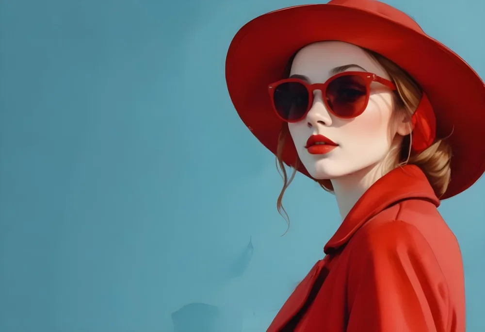 A Young Woman With Fair Skin And Light Brown Hair Approximately 25 Years Old Wearing A Red Hat And Red Sunglasses She Has Red Lipstick And Is Dressed In A Red Coat The Background Is A Solid Light Blue Color 79 5ef4