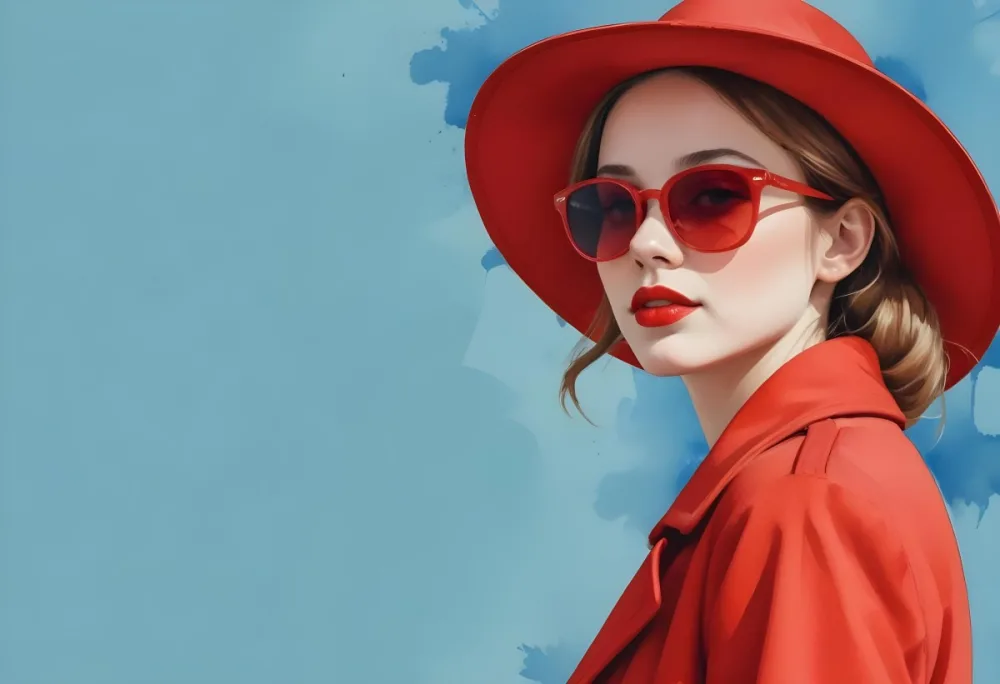 A Young Woman With Fair Skin And Light Brown Hair Approximately 25 Years Old Wearing A Red Hat And Red Sunglasses She Has Red Lipstick And Is Dressed In A Red Coat The Background Is A Solid Light Blue Color 81 F139