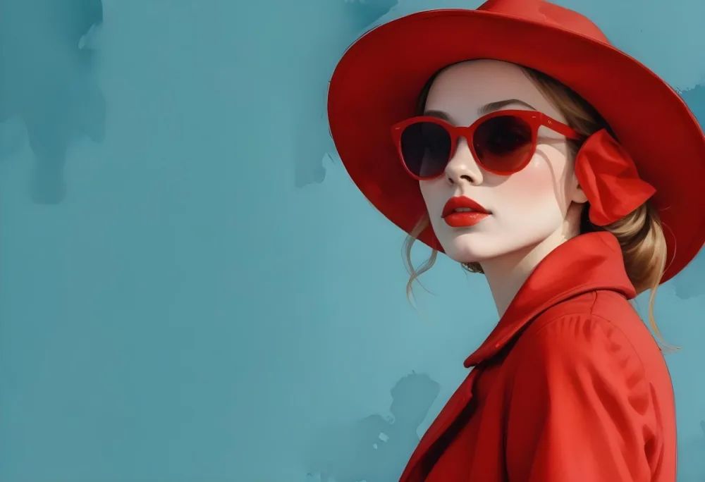 A Young Woman With Fair Skin And Light Brown Hair Approximately 25 Years Old Wearing A Red Hat And Red Sunglasses She Has Red Lipstick And Is Dressed In A Red Coat The Background Is A Solid Light Blue Color 82 8472