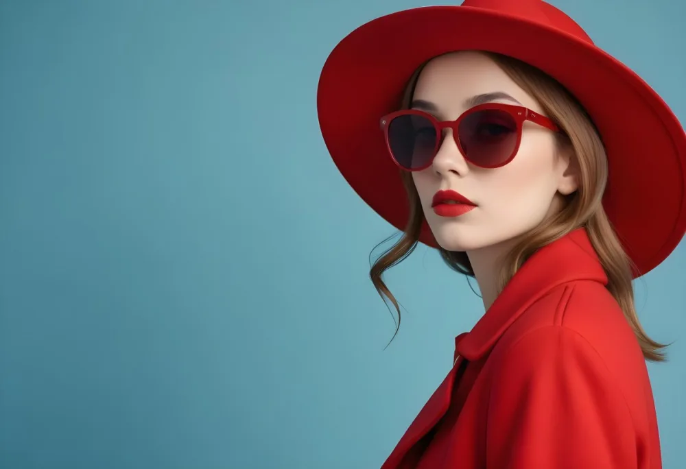 A Young Woman With Fair Skin And Light Brown Hair Approximately 25 Years Old Wearing A Red Hat And Red Sunglasses She Has Red Lipstick And Is Dressed In A Red Coat The Background Is A Solid Light Blue Color 84 35b6