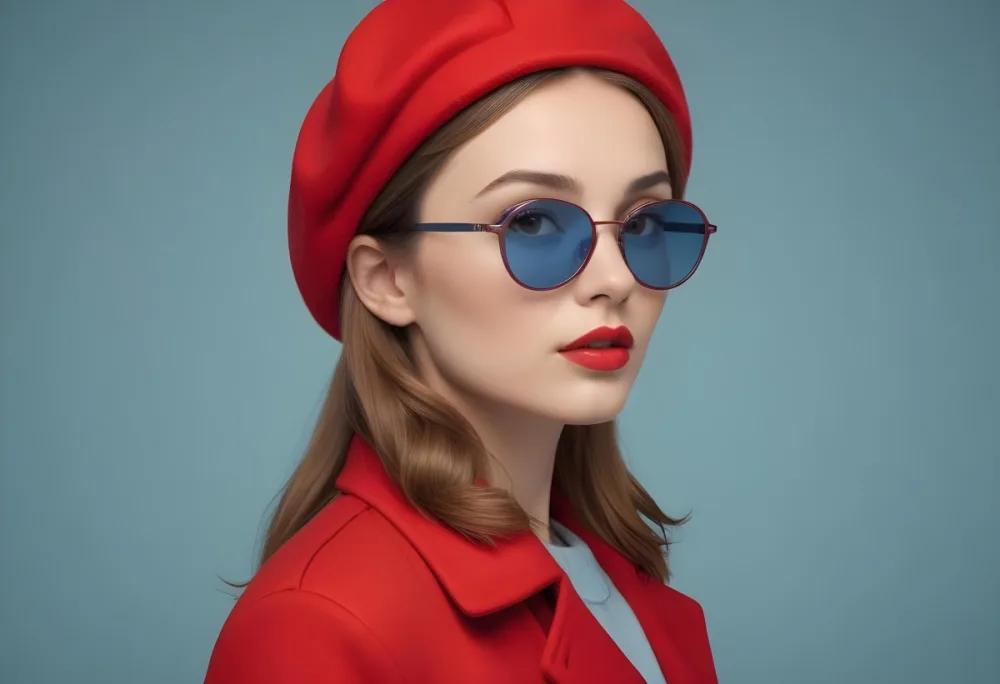 A Young Woman With Fair Skin And Light Brown Hair Approximately 25 Years Old Wearing A Red Hat And Red Sunglasses She Has Red Lipstick And Is Dressed In A Red Coat The Background Is A Solid Light Blue Color 88 Adc1