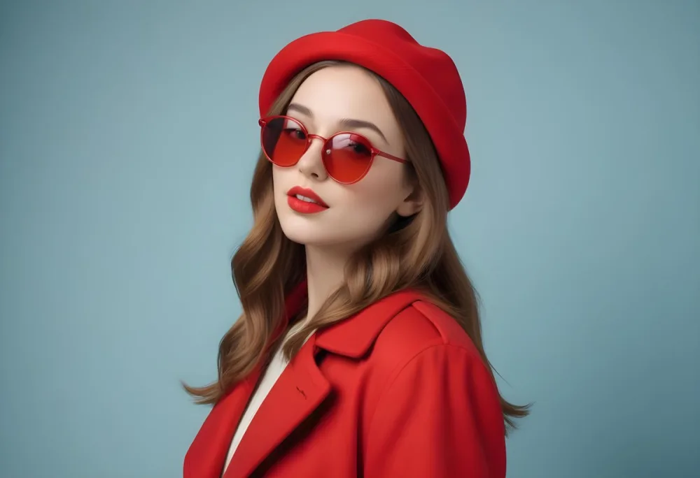 A Young Woman With Fair Skin And Light Brown Hair Approximately 25 Years Old Wearing A Red Hat And Red Sunglasses She Has Red Lipstick And Is Dressed In A Red Coat The Background Is A Solid Light Blue Color 89 D68d