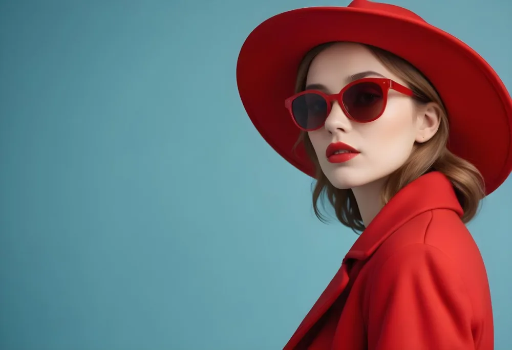 A Young Woman With Fair Skin And Light Brown Hair Approximately 25 Years Old Wearing A Red Hat And Red Sunglasses She Has Red Lipstick And Is Dressed In A Red Coat The Background Is A Solid Light Blue Color 90 6a5a