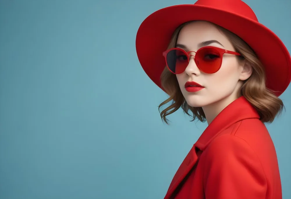 A Young Woman With Fair Skin And Light Brown Hair Approximately 25 Years Old Wearing A Red Hat And Red Sunglasses She Has Red Lipstick And Is Dressed In A Red Coat The Background Is A Solid Light Blue Color 91 3a41