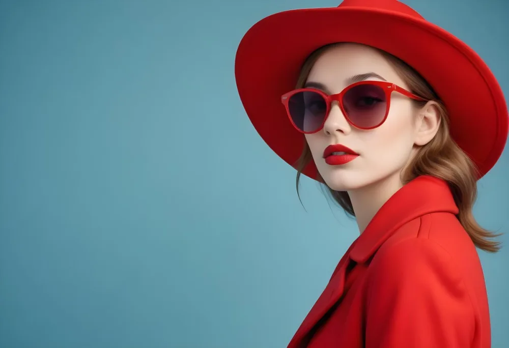 A Young Woman With Fair Skin And Light Brown Hair Approximately 25 Years Old Wearing A Red Hat And Red Sunglasses She Has Red Lipstick And Is Dressed In A Red Coat The Background Is A Solid Light Blue Color 92 Cb98