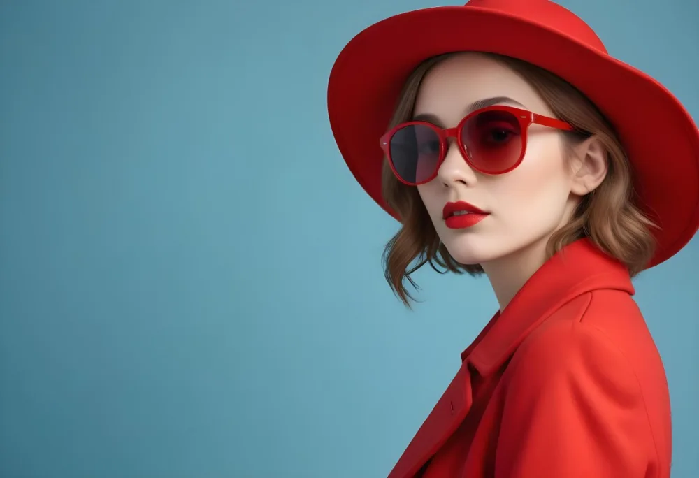 A Young Woman With Fair Skin And Light Brown Hair Approximately 25 Years Old Wearing A Red Hat And Red Sunglasses She Has Red Lipstick And Is Dressed In A Red Coat The Background Is A Solid Light Blue Color 93 30a2