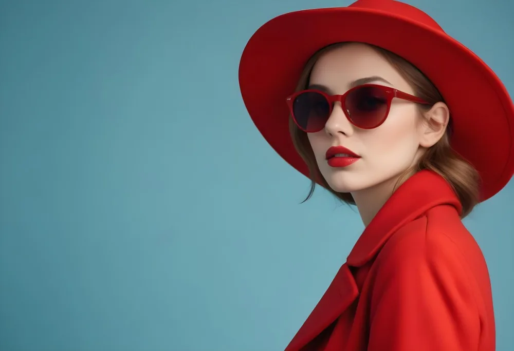A Young Woman With Fair Skin And Light Brown Hair Approximately 25 Years Old Wearing A Red Hat And Red Sunglasses She Has Red Lipstick And Is Dressed In A Red Coat The Background Is A Solid Light Blue Color 94 A659