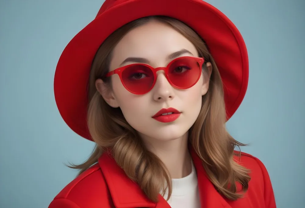 A Young Woman With Fair Skin And Light Brown Hair Approximately 25 Years Old Wearing A Red Hat And Red Sunglasses She Has Red Lipstick And Is Dressed In A Red Coat The Background Is A Solid Light Blue Color 97 2679