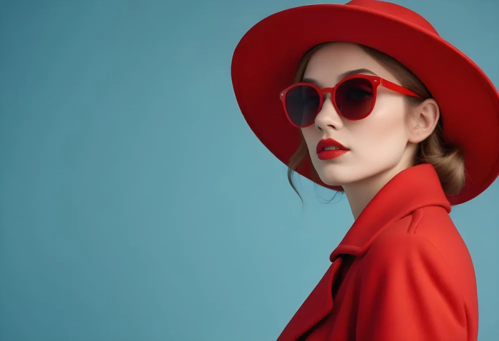 A Young Woman With Fair Skin And Light Brown Hair Approximately 25 Years Old Wearing A Red Hat And Red Sunglasses She Has Red Lipstick And Is Dressed In A Red Coat The Background Is A Solid Light Blue Color 98 B47d