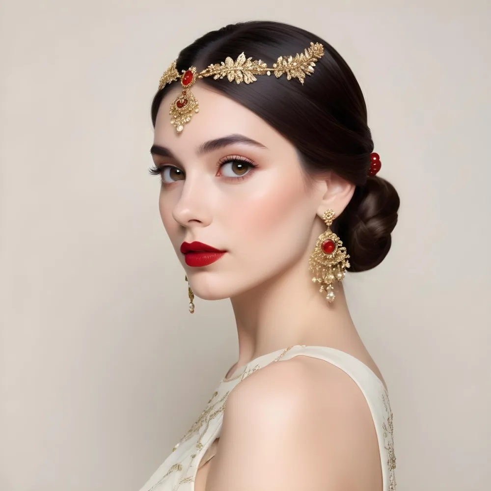 A Young Woman With Fair Skin And Long Dark Brown Hair Styled In A Low Bun She Has Striking Brown Eyes And Is Wearing Bold Red Lipstick Her Accessories Include A Decorative Gold Headpiece And Large Ornate Earrings Th 20 1b7a