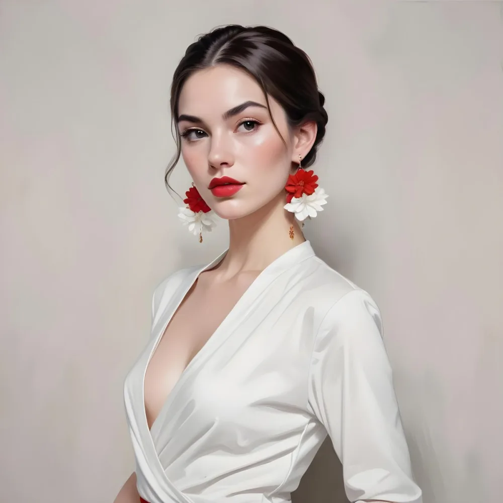 A Young Woman With Fair Skin And Long Dark Hair Styled In A Sleek Bun She Is Wearing A Deep V Neck White Top And Large Floral Earrings In Red And White Her Lips Are Painted A Bold Red And She Has A Confident Express 18 Bbda
