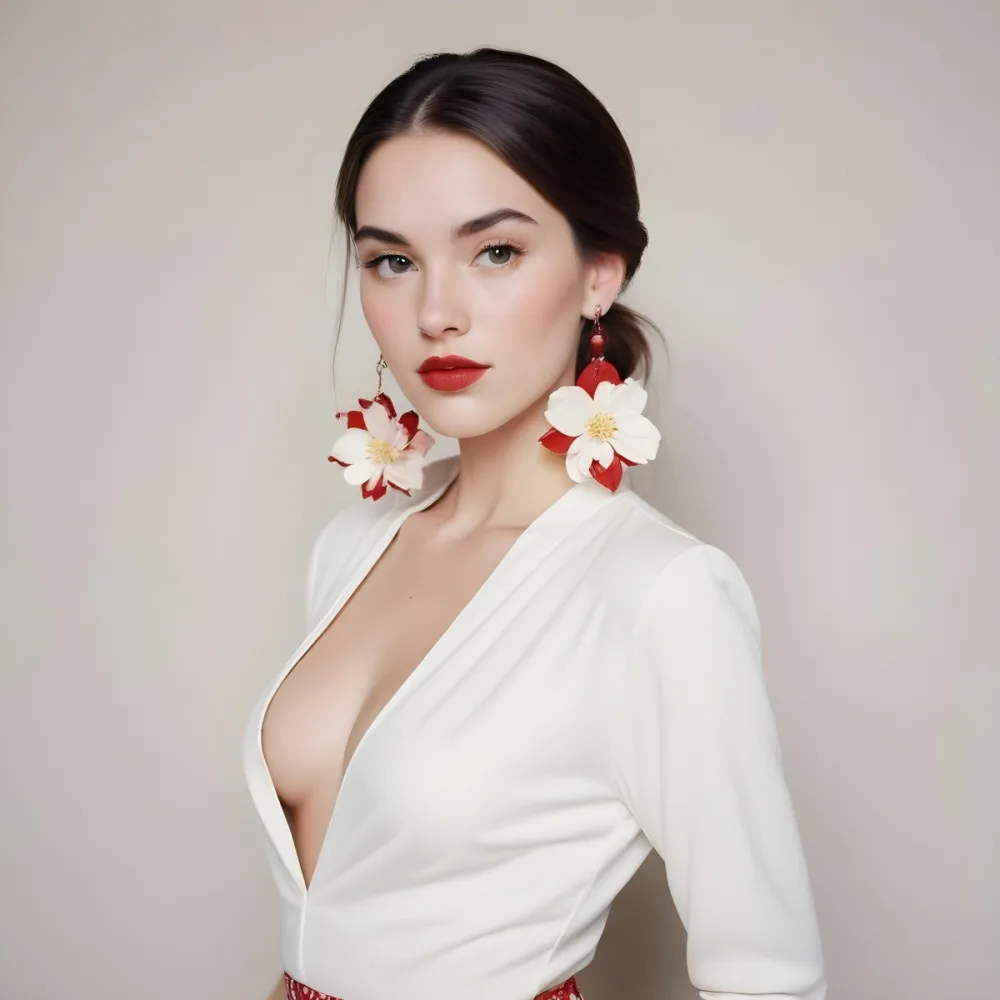 A Young Woman With Fair Skin And Long Dark Hair Styled In A Sleek Bun She Is Wearing A Deep V Neck White Top And Large Floral Earrings In Red And White Her Lips Are Painted A Bold Red And She Has A Confident Express 20 1dd2