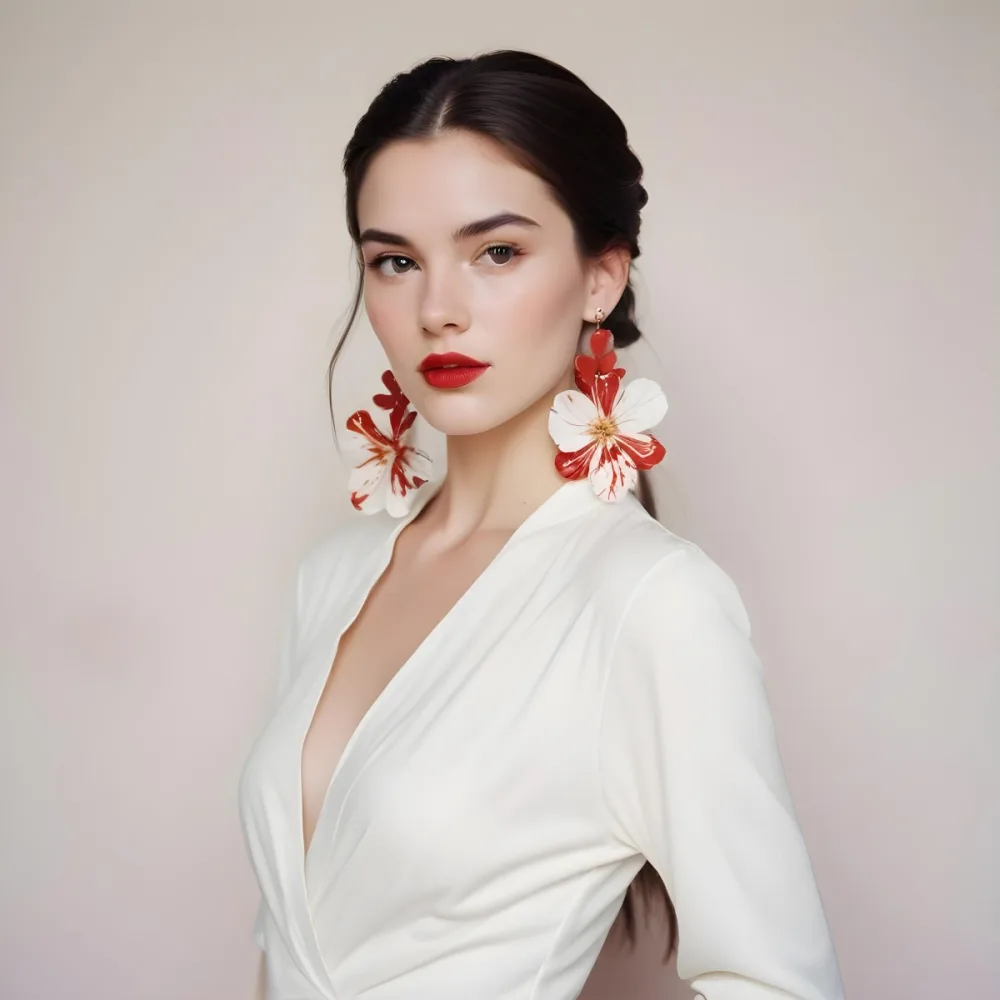A Young Woman With Fair Skin And Long Dark Hair Styled In A Sleek Bun She Is Wearing A Deep V Neck White Top And Large Floral Earrings In Red And White Her Lips Are Painted A Bold Red And She Has A Confident Express 23 6dc0