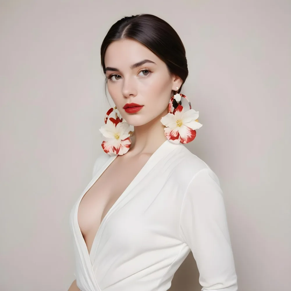 A Young Woman With Fair Skin And Long Dark Hair Styled In A Sleek Bun She Is Wearing A Deep V Neck White Top And Large Floral Earrings In Red And White Her Lips Are Painted A Bold Red And She Has A Confident Express 27 2806