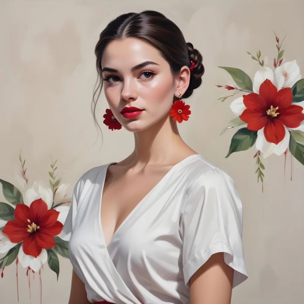 A Young Woman With Fair Skin And Long Dark Hair Styled In A Sleek Bun She Is Wearing A Deep V Neck White Top And Large Floral Earrings In Red And White Her Lips Are Painted A Bold Red And She Has A Confident Express 3 Bcaa