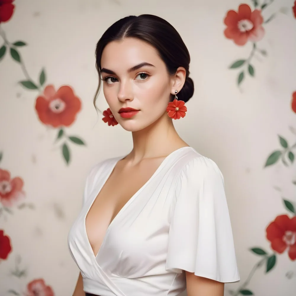 A Young Woman With Fair Skin And Long Dark Hair Styled In A Sleek Bun She Is Wearing A Deep V Neck White Top And Large Floral Earrings In Red And White Her Lips Are Painted A Bold Red And She Has A Confident Express 34 B24f
