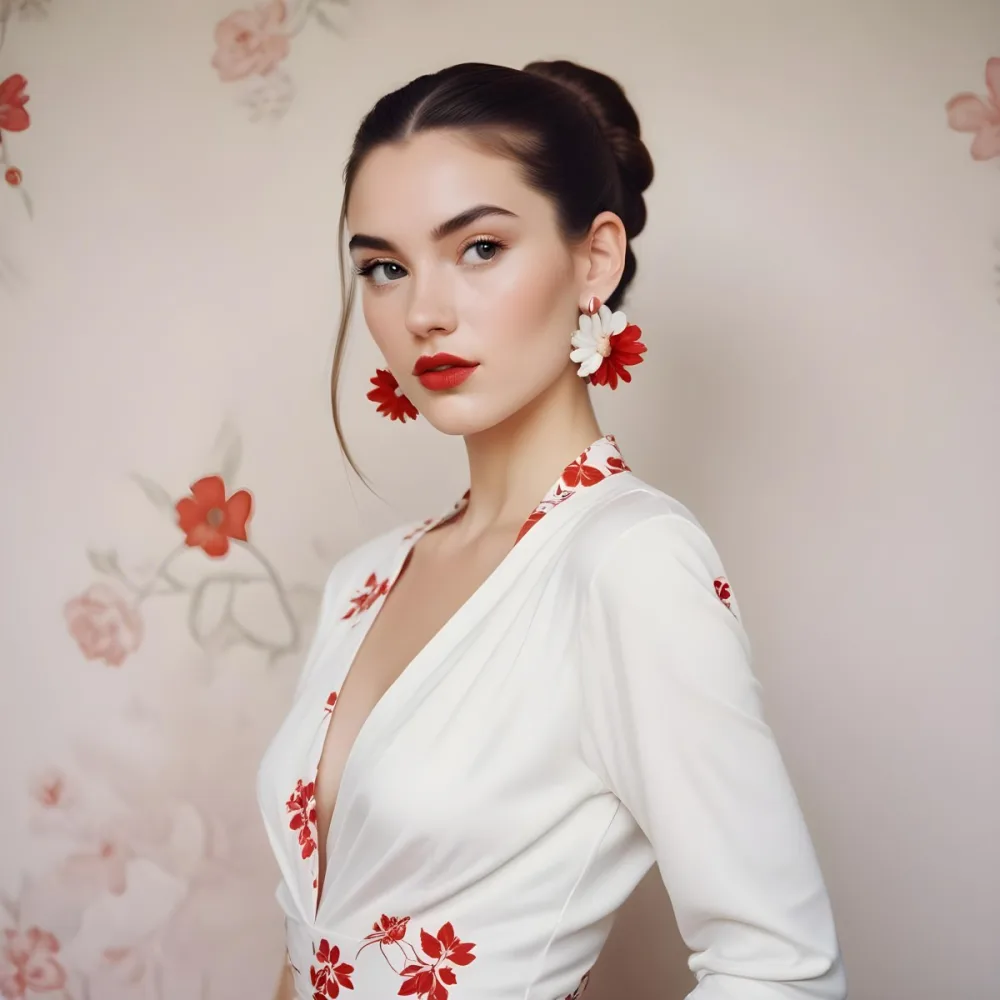 A Young Woman With Fair Skin And Long Dark Hair Styled In A Sleek Bun She Is Wearing A Deep V Neck White Top And Large Floral Earrings In Red And White Her Lips Are Painted A Bold Red And She Has A Confident Express 40 034f