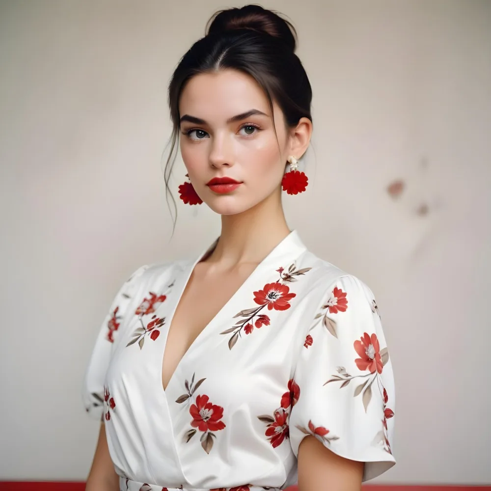 A Young Woman With Fair Skin And Long Dark Hair Styled In A Sleek Bun She Is Wearing A Deep V Neck White Top And Large Floral Earrings In Red And White Her Lips Are Painted A Bold Red And She Has A Confident Express 42 0533