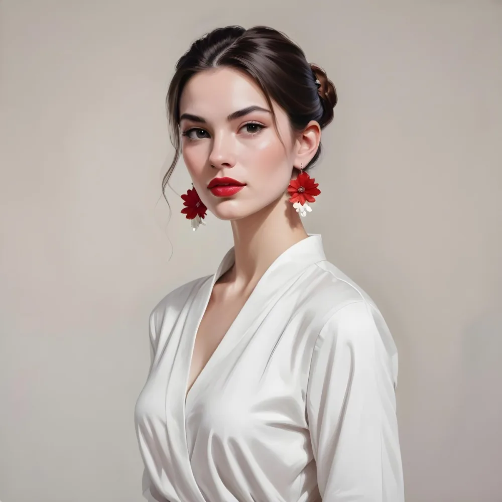 A Young Woman With Fair Skin And Long Dark Hair Styled In A Sleek Bun She Is Wearing A Deep V Neck White Top And Large Floral Earrings In Red And White Her Lips Are Painted A Bold Red And She Has A Confident Express 5 8665
