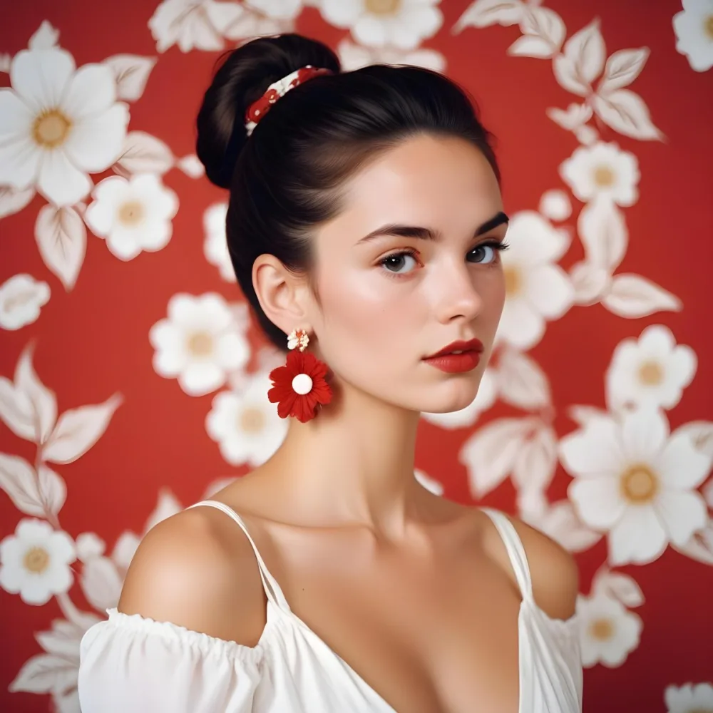 A Young Woman With Fair Skin And Long Dark Hair Styled In A Sleek Bun She Is Wearing A Deep V Neck White Top And Large Floral Earrings In Red And White Her Lips Are Painted A Bold Red And She Has A Confident Express 54 A430