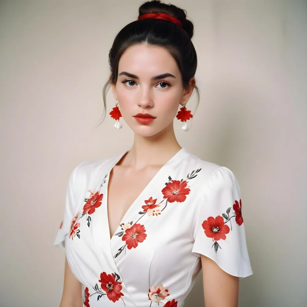 A Young Woman With Fair Skin And Long Dark Hair Styled In A Sleek Bun She Is Wearing A Deep V Neck White Top And Large Floral Earrings In Red And White Her Lips Are Painted A Bold Red And She Has A Confident Express 56 Fdf7
