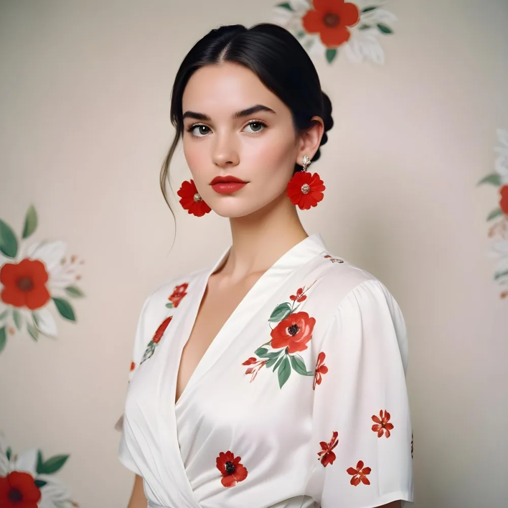 A Young Woman With Fair Skin And Long Dark Hair Styled In A Sleek Bun She Is Wearing A Deep V Neck White Top And Large Floral Earrings In Red And White Her Lips Are Painted A Bold Red And She Has A Confident Express 58 9194