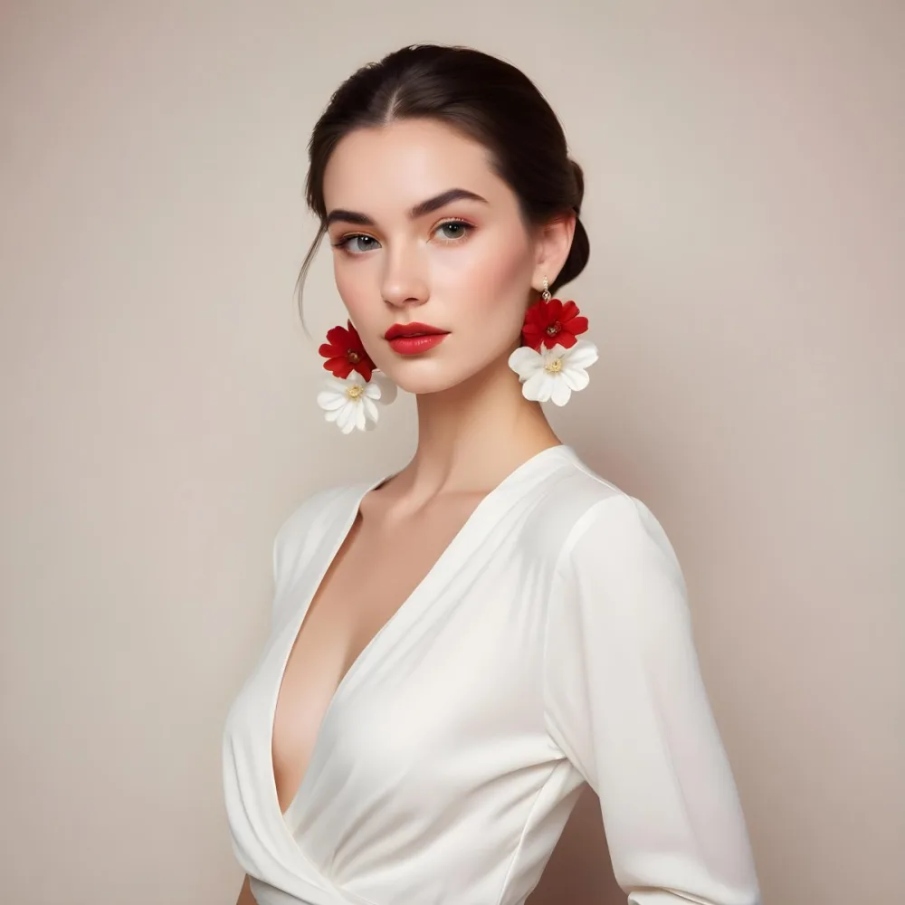A Young Woman With Fair Skin And Long Dark Hair Styled In A Sleek Bun She Is Wearing A Deep V Neck White Top And Large Floral Earrings In Red And White Her Lips Are Painted A Bold Red And She Has A Confident Express 60 5fe1